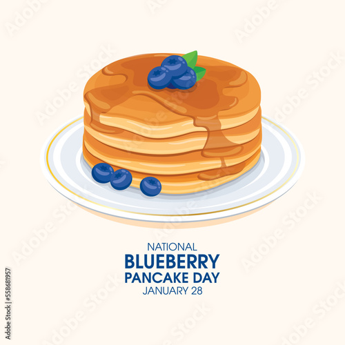 National Blueberry Pancake Day vector. Fresh pancakes with blueberries and maple syrup icon vector. Pile of pancakes on a plate drawing. January 28. Important day