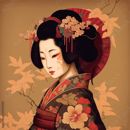 icon of a Japanese geisha woman in traditional floral clothing