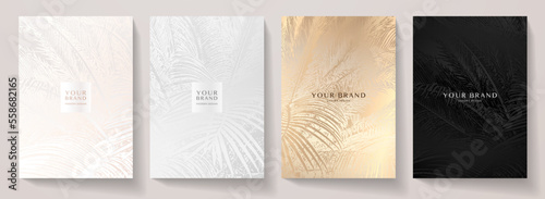 Tropical cover design set with palm leaf pattern (silver, black, gold palm tree leaves). Premium vector background useful for brochure template, exotic restaurant menu, invitation