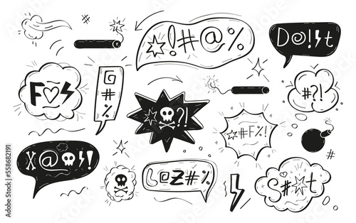 Swear, expletive words vector set. Angry, rude fellings in comic, cartoon baloons. Dynamite icon vector in doodle style Bomb sign. Metaphor of negative feelings, explosion