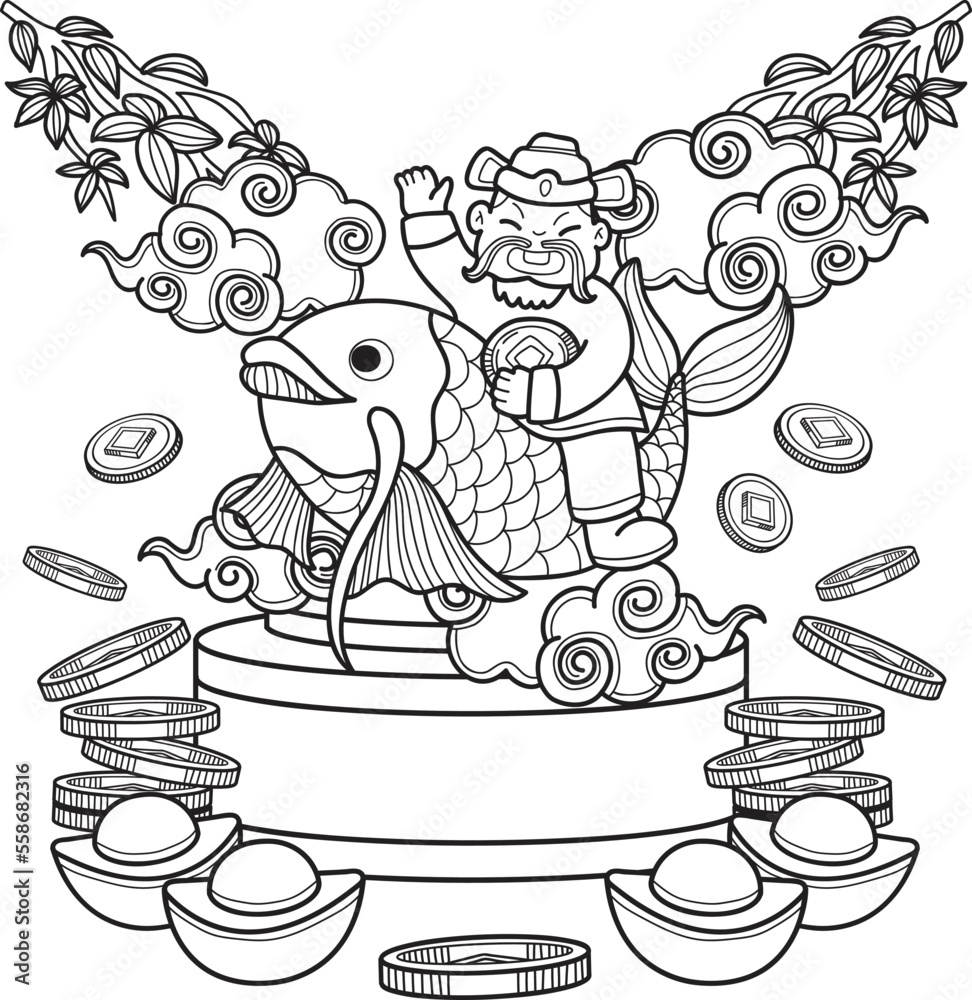 Hand Drawn Chinese Wealth God and Koi illustration
