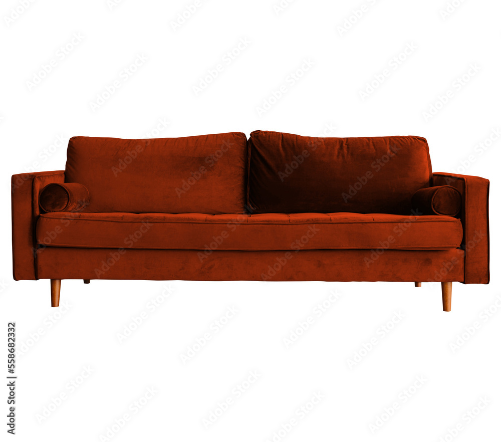 Elegant Burnt Orange Velvet Couch Isolated on Transparent Background