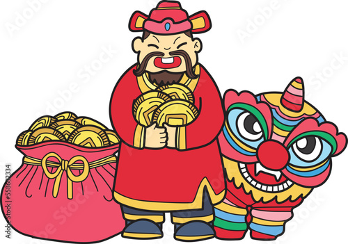 Hand Drawn Wealth God and Chinese Lion illustration