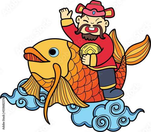 Hand Drawn Chinese Wealth God and Koi illustration
