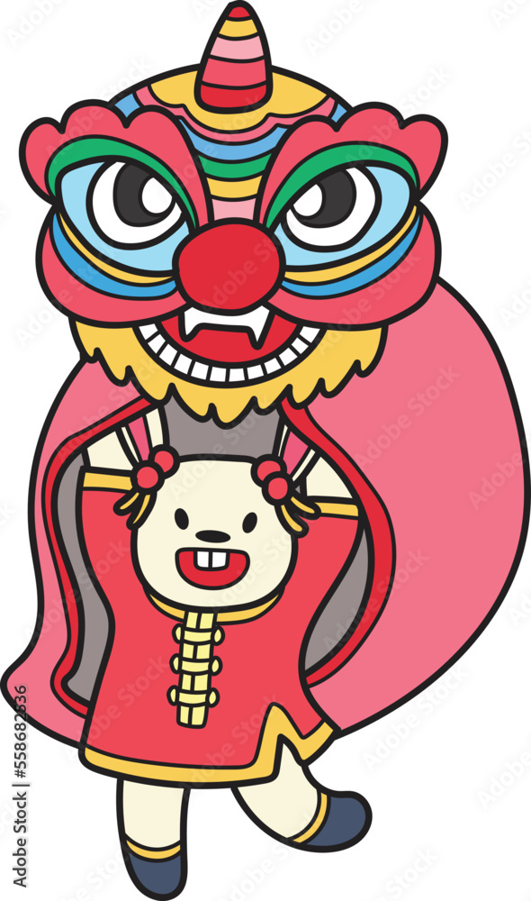 Fototapeta premium Hand Drawn Chinese lion dancing with a rabbit illustration