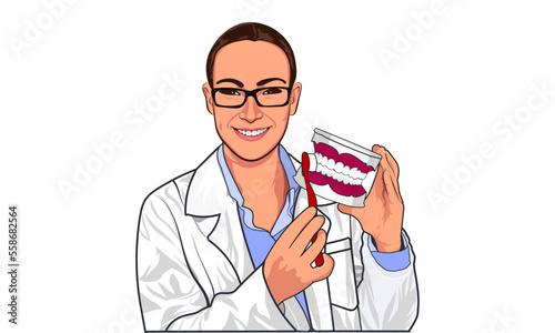 Medical Smiling Women. lady dentist doctor holding tooth Brush and artificial teeth jaw. Female Dental dentist Flat Vector photo