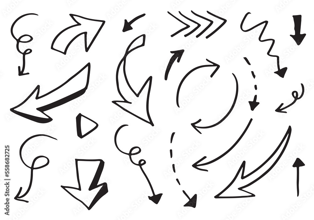 Set of arrow hand drawn.Sketch style vector illustration. Set of arrow hand drawn.Sketch style vector illustration.