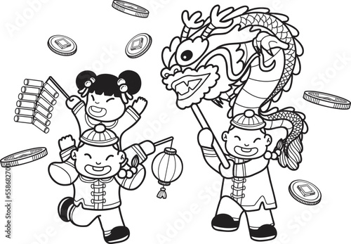 Hand Drawn Chinese children dance dragons and have fun illustration