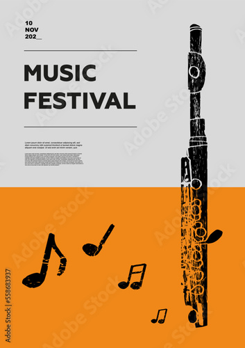 Piccolo, Flute. Music festival poster. Wind musical instruments. Competition. A set of vector illustrations. Minimalistic design. Banner, flyer, cover, print.	