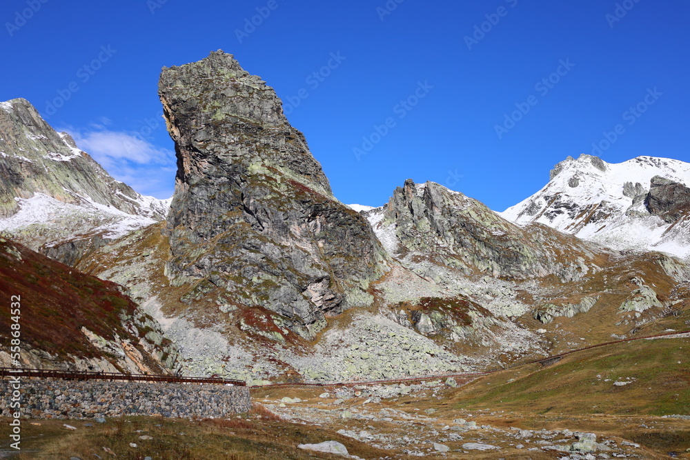 View on the Great St Bernard Pass which is the third highest road pass in Switzerland at an elevation of 2,469 m