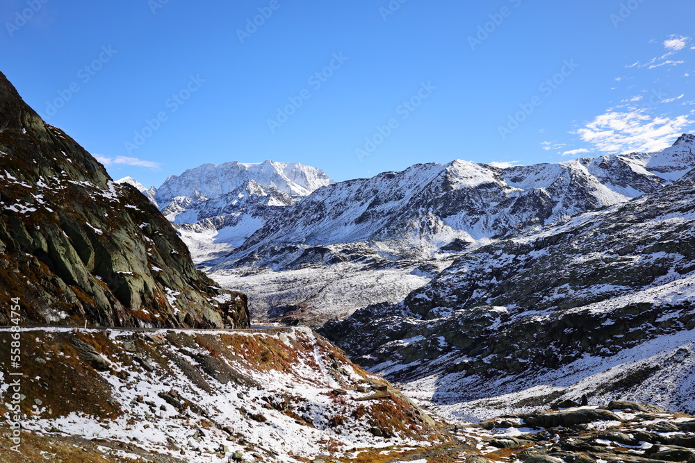 Obraz premium View on the Great St Bernard Pass which is the third highest road pass in Switzerland at an elevation of 2,469 m