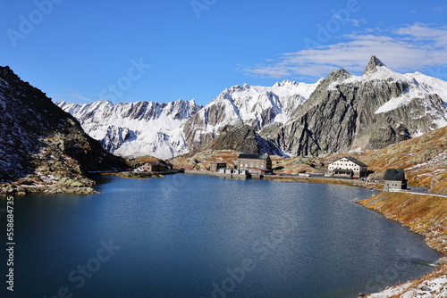 View on the Great St Bernard Pass which is the third highest road pass in Switzerland at an elevation of 2,469 m