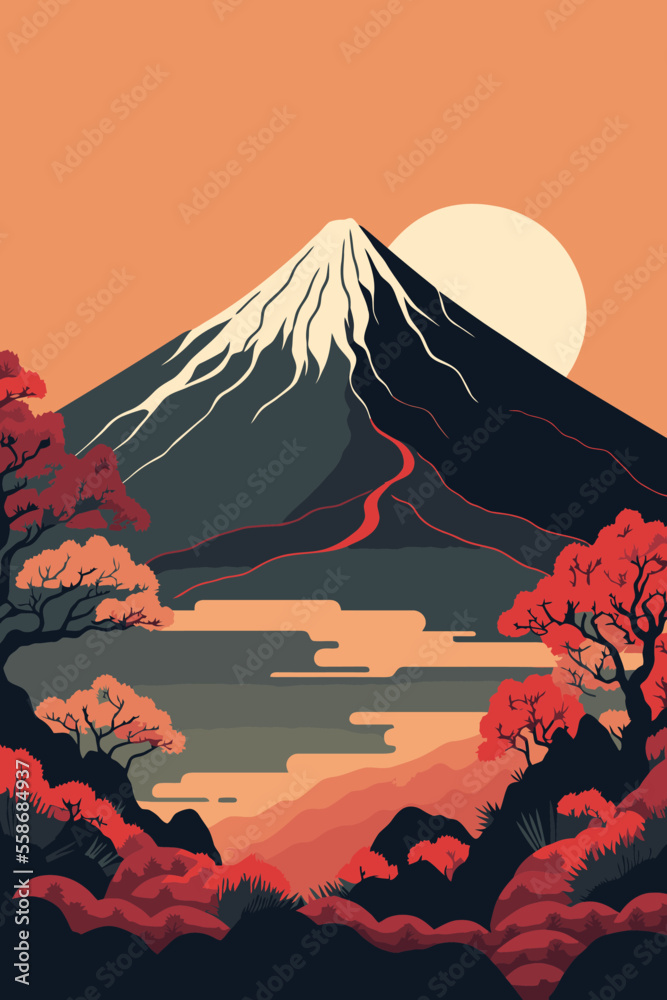 japanese mountain landscape background, mount fuji japan vector background - obrazy, fototapety, plakaty 