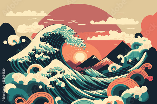 big ocean wave with sun poster in japanese style vector illustration