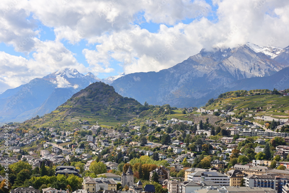 View from the Tourbillon Castle which is a castle in Sion in the canton of Valais in Switzerland