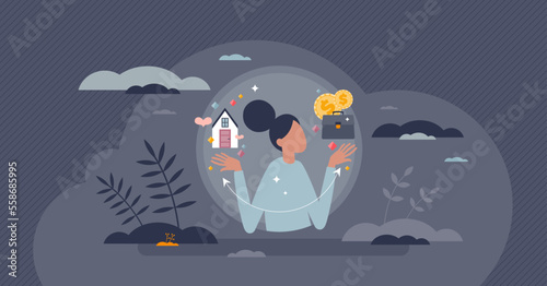 Work and life balance with career and family comparison tiny person concept. Time management with financial, professional job tasks or romantic relationship with house and kids vector illustration.