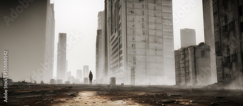 Illustration of a post apocalyptic ruined city. Destroyed buildings by nuclear attack, survivors visible in the shot