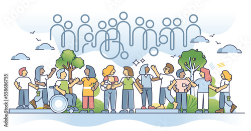 Inclusive diversity with ethnicity, races and cultures outline concept. Equality and unity for all society without discrimination or prejudice vector illustration. Disabled and handicapped integration