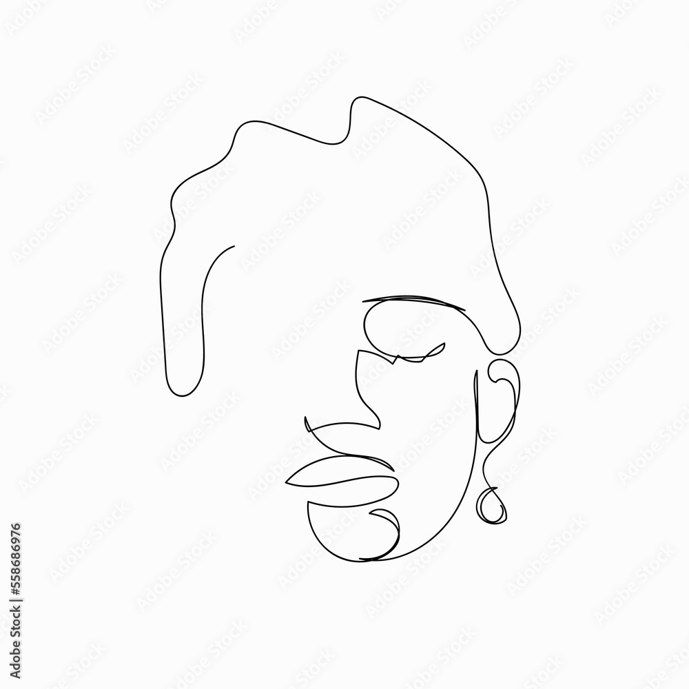 Abstract black one line drawing of woman face on white background.  Vector illustration.