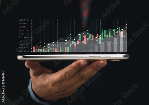 Stock trading strategy planning. online stock trading Decision-making concept using candlestick charts based on buying data. Market Direction Forecast Forex Cryptocurrency.
