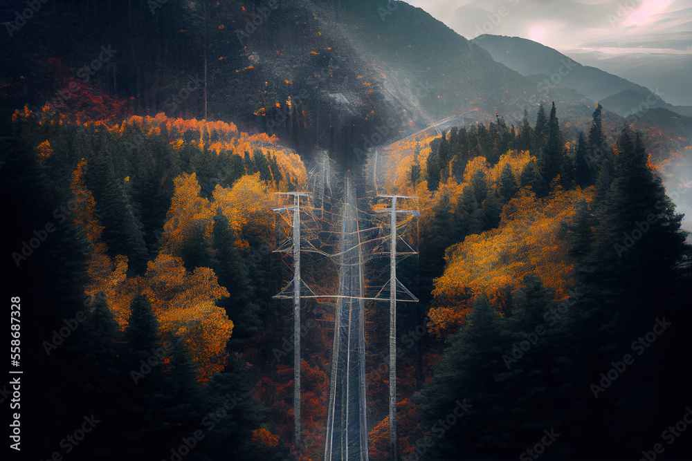 Aerial photography of high voltage power lines between valleys