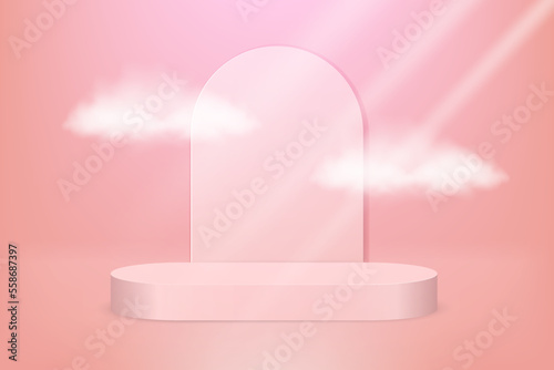 realistic 3d luxury gold pink pastel podium golden stage on pink background. background vector 3d pink rendering with podium and cloud white scene, cloud 3d minimal background 3d.