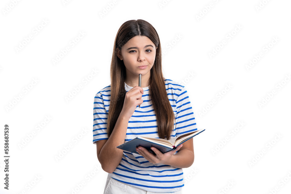 photo of thinking teen girl writing school diary. teen girl writing school diary isolated on white photo of thinking teen girl writing school diary. teen girl writing school diary isolated on white