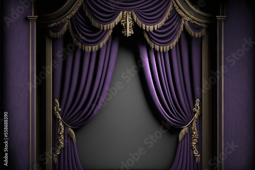 a room with a purple curtain and a black wall with a gold frame and a black floor with a black floor and a black wall with a gold trim and purple curtain and gold trim.