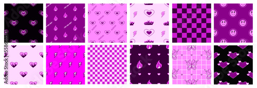 Y2k glamour pink seamless patterns. Backgrounds in trendy emo goth 2000s style. Butterfly, heart, chessboard, mesh, leopard, zebra. 90s, 00s aesthetic. Pink pastel colors.