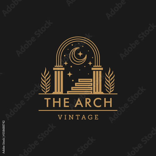 mystic sun doorway logo, antique arch architecture entrance and stairway icon, with door, window and palm trees in contemporary aesthetic boho style