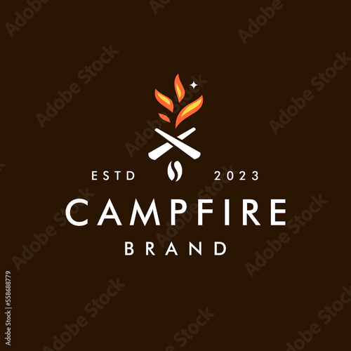 campfire coffee logo design. adventure theme coffee shop with bon fire and a coffee bean. natural coffee shop concept photo