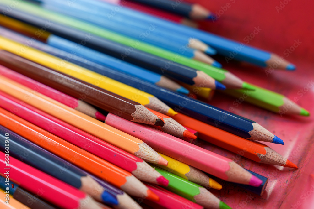 Several colored pencils placed in plastic box.