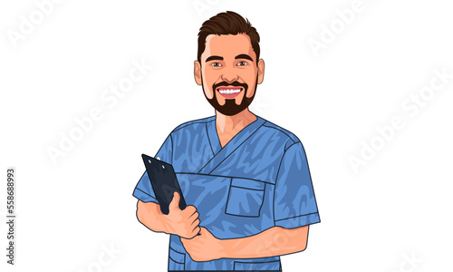 Professional physiotherapist holding clipboard. male medical man Surgeon smiling and holding notebook in blue coat uniform. happy doctor doing physiotherapy. practitioner cartoon portrait illustration