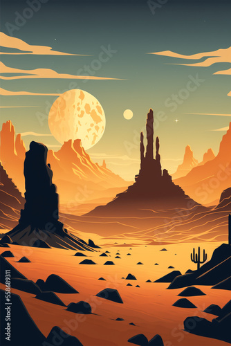 A desert landscape with towering sand dunes and dramatic rock formations  the sun setting in the distance. Generative Ai illustration in vector style.