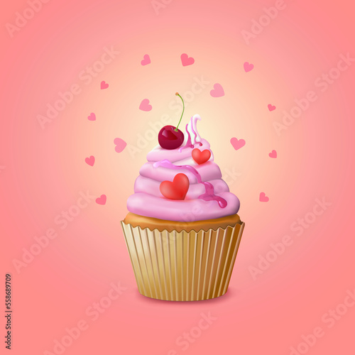 Cake or cupcakes with cream, berry jam and cream hearts or muffins or marshmallows and cherries with a scattering of hearts on a square pink background. Valentine's day. Vector illustration.