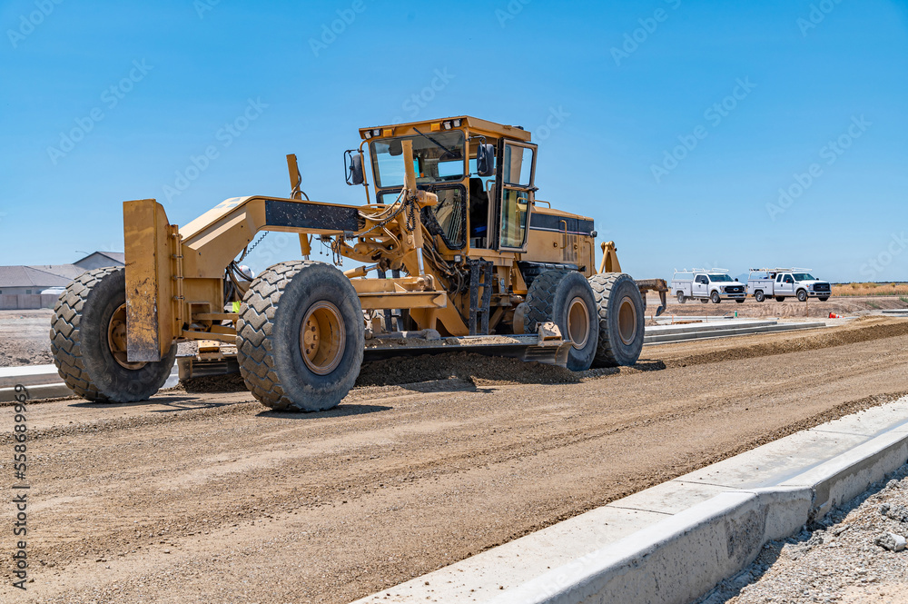 Yellow excavator, highway construction. Repair road works.
