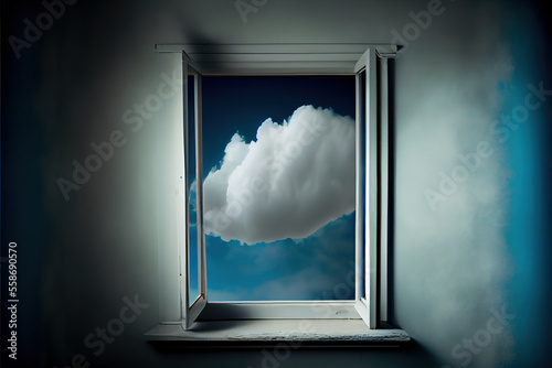 Digital art, white clouds behind the window