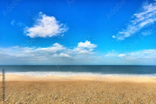 Generative AI landscape beautiful beach. Seashore Under Blue Calm Sky during Daytime.