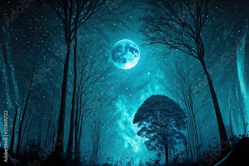 Dark mysterious forest with full moon. Night fantasy forest. fantasy scenery. Generative AI