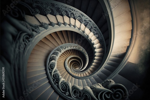a spiral staircase in a building with a skylight in the middle of the spirals of the staircase is a white and black photo of a spiral staircase in the center of the picture.