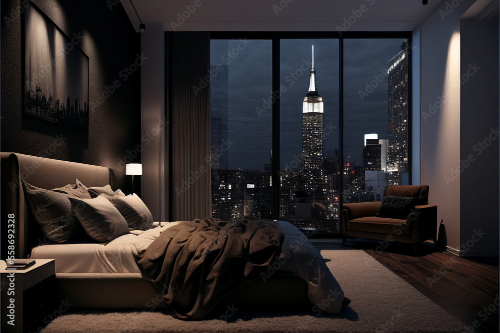 Luxury Penthouse Bedroom, Skyline City View, Generative ai