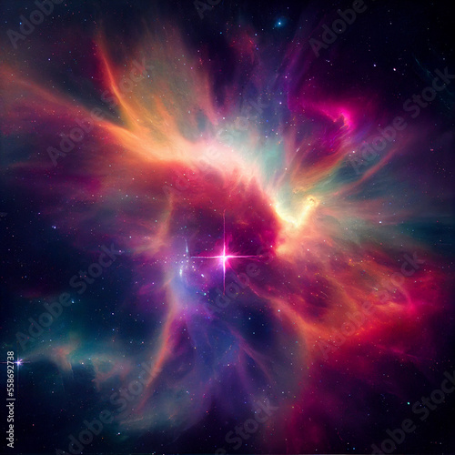 Stunning nebula in outer space. Photorealistic illustration generated by Ai. Generative art.