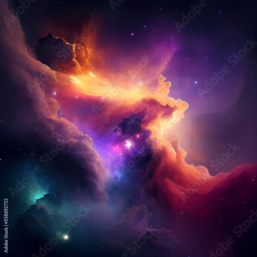 Stunning nebula in outer space. Photorealistic illustration generated by Ai. Generative art.