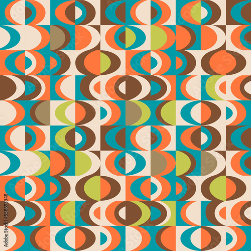 Colorful retro mid century print. 50s 60s 70s style. Geometric drop shapes. Seamless pattern vector.