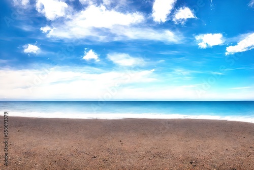 Generative AI landscape beautiful beach. Seashore Under Blue Calm Sky during Daytime.