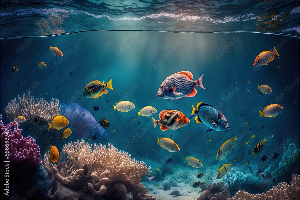 Naklejka premium Bunten Fische im Riff über Korallen im Roten Meer (Generative AI)