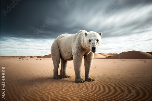 Trauriger und hungernder Eisbär in der Wüste durch Klimawandel (Generative AI)