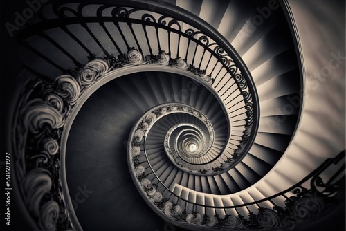 a spiral staircase in a building with black and white colors and a light at the end of the spirals is a spiral staircase with a light at the end of the top of the spiral.