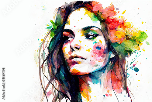 Watercolor portrait of beautiful woman