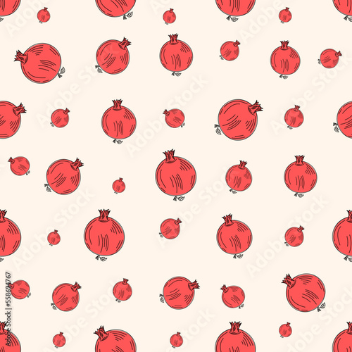 Seamless pattern with pomegranate fruits in a linear style. Hand-drawn pomegranate fruit vector background.